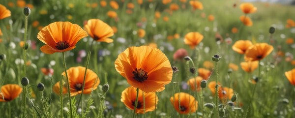 Obraz premium Macro shot of orange poppies on a flower meadow, spring, flowers, blooming