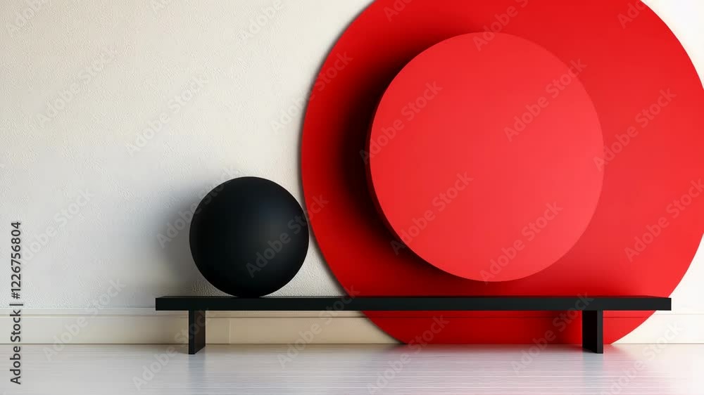 Poster black ball sits on a shelf next to a red circle. the scene is simple and minimalistic, with a focus 