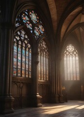 Fototapeta premium Majestic cathedral arches with ribbed vaults and stunning stained glass windows, Gothic architecture, stone columns, majestic structures