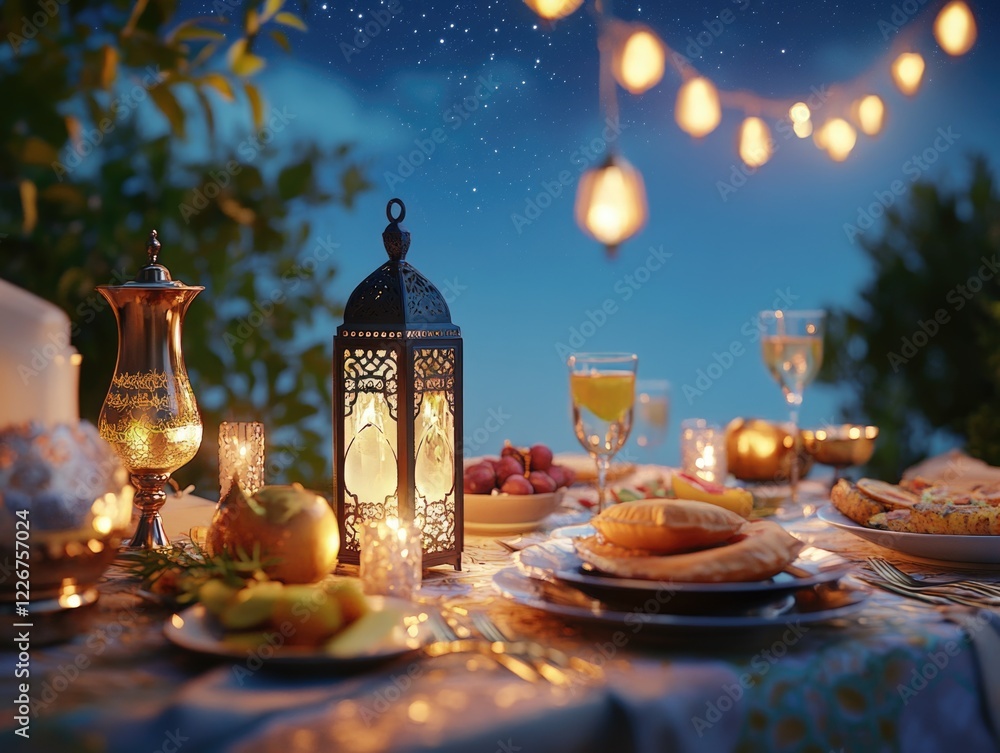 Poster a table with a lit lantern and a variety of food and drinks. the lantern is lit and the table is set