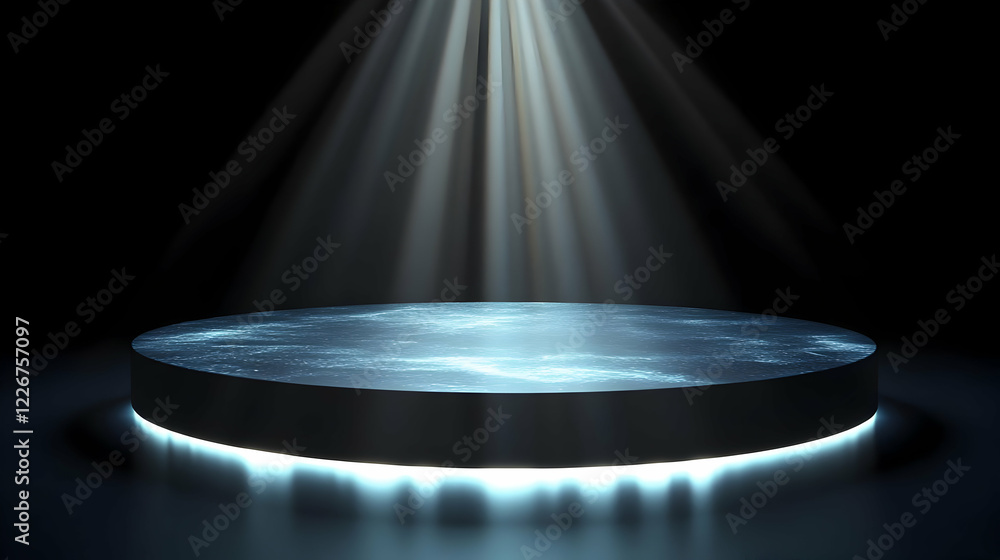 Poster glowing circular platform illuminated by spotlight in dark setting
