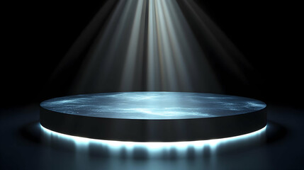 Glowing Circular Platform Illuminated by Spotlight in Dark Setting