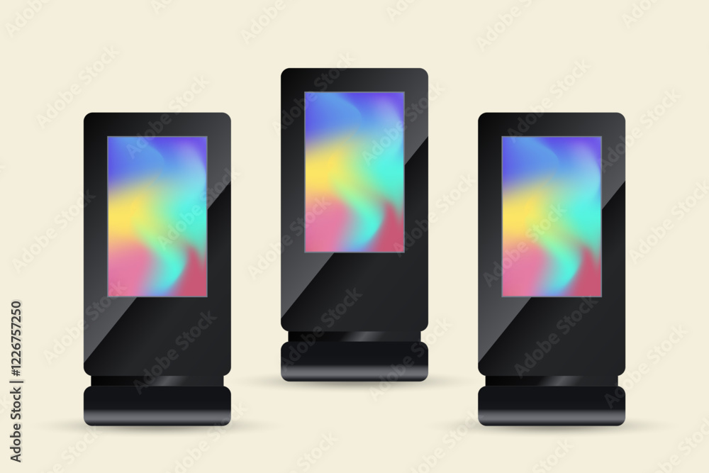 Aufkleber set of three vector led display mockup with digital stand and frame in black, three outdoor large le