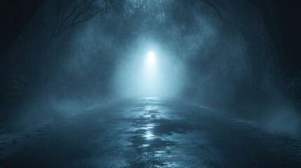 Foggy night road, light ahead, mysterious trees, suspenseful scene, film backdrop