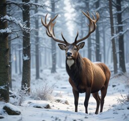 Majestic wild stag with horned antlers in snowy forest habitat, wintertime, elegant creature, woodland reserve, alert posture