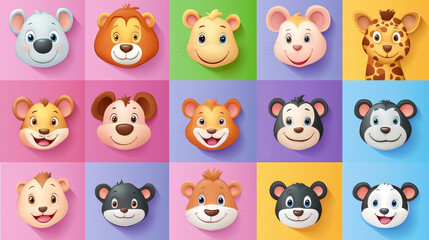 Square animal faces, kawaii cartoon characters and cute zoo animals, vector icons. Kawaii square face of mouse and bear, baby emoji stickers of panda, giraffe and elephant with zebra and monkey avatar