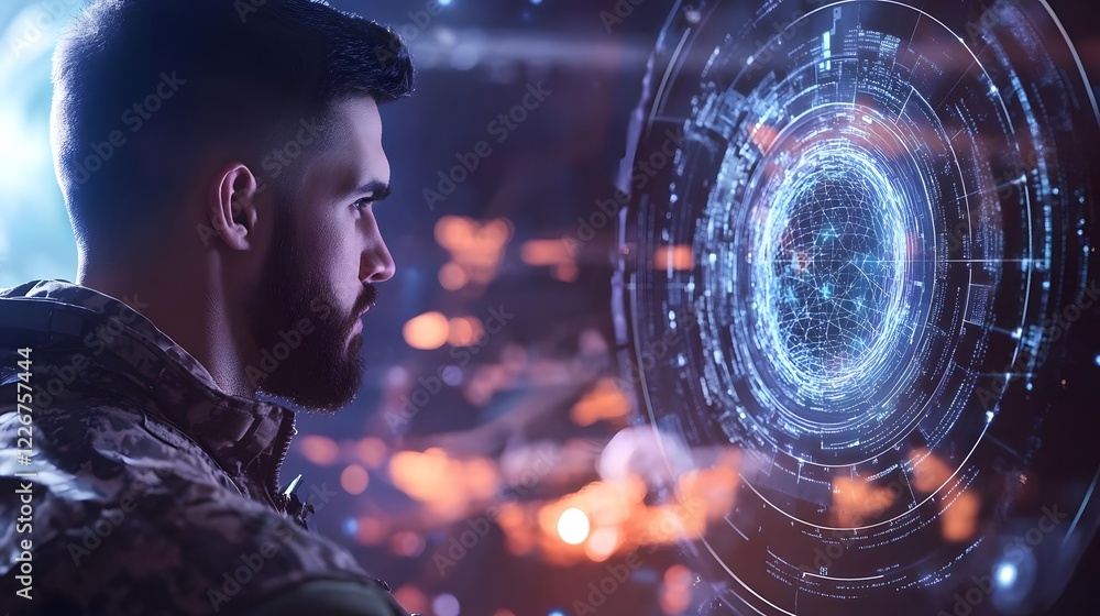 Poster a soldier observing a futuristic holographic interface displaying data and technology.