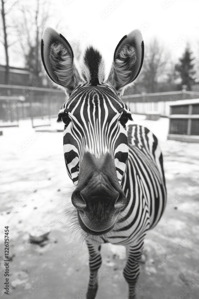 Poster a zebra is standing in a snow-covered enclosure. the zebra is looking directly at the camera, and it