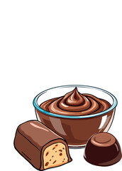 Chocolate cream, chocolate candy bar and praline composing a delicious chocolate still life