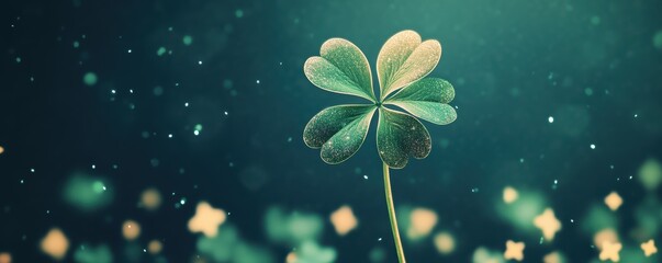 Close-up of a glittering six-leaf clover on a dreamy background