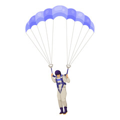 Skydiver wearing a helmet and parachute harness, descending with an open parachute. White background. Concept of adventure and skydiving. Vector illustration