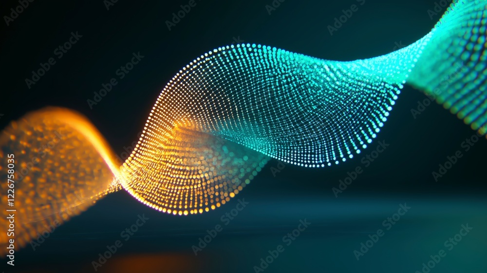 Poster colorful wave pattern of glowing particles illustrating digital technology and abstract design conce