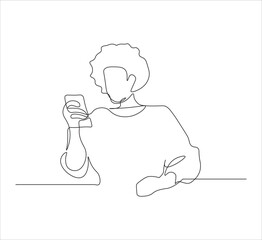 One continuous line drawing of person holding phone concept. single line half body person holding phone. editable stroke