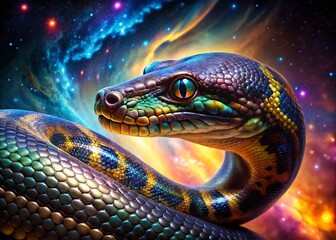 Fototapeta premium Fantasy Anaconda Portrait Galaxy, Monster Serpent, Cosmic Portrait, Alien Serpent