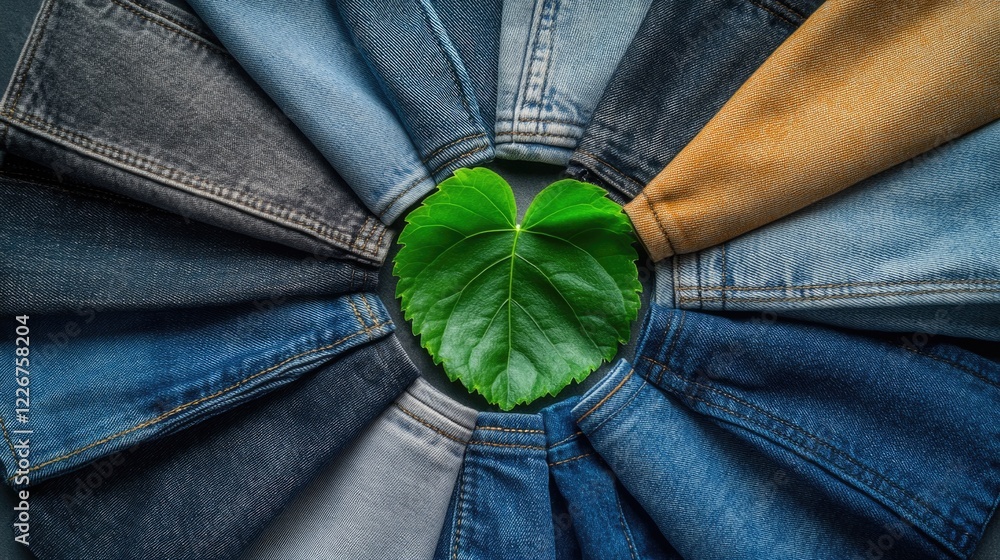 Poster a small leaf is placed within the circular pattern of a pair of jeans
