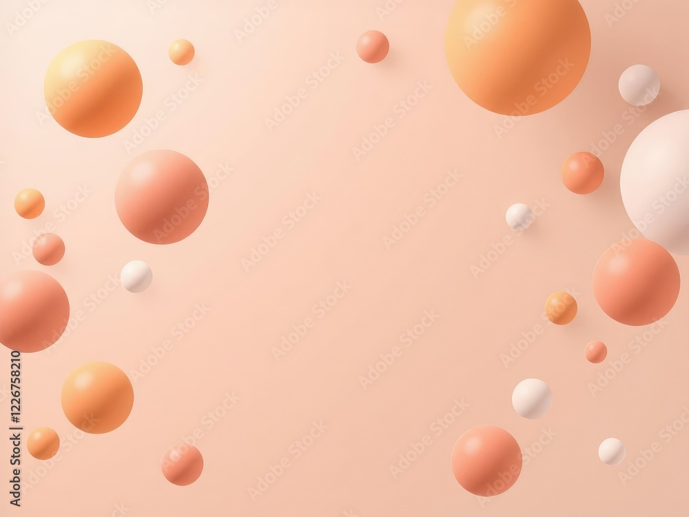Poster minimalist background with floating spheres of varying sizes and colors, calming atmosphere, soft fo