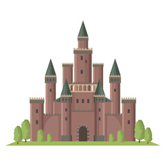 Obraz premium Large medieval castle with green spires, surrounded by trees, isolated on a white background. Concept of fortress architecture. Vector illustration
