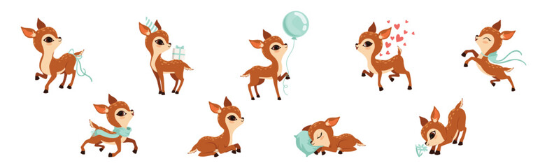 Cute Fawn or Baby Deer with Slender Legs and Pretty Snout Vector Set