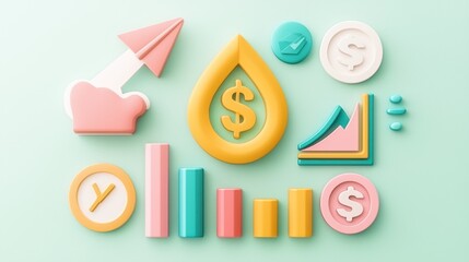 A colorful collection of financial icons including graphs, dollar signs, and a paper plane, symbolizing growth, investment, and financial planning.