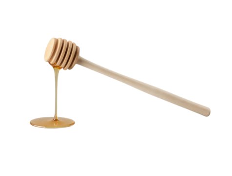  a wooden honey dipper, artistically designed with a series of circular grooves along its head