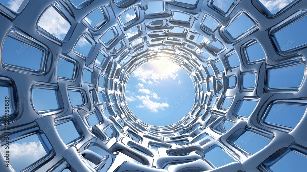 Poster a futuristic, circular structure offers a view of the sky, framed by intricate metallic designs refl