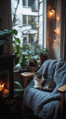 ナチュラルライフ｜リラックスする猫とグリーンのある部屋。スマートフォン9:16のアスペクト比	