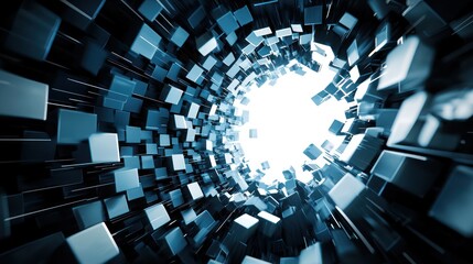 A dynamic tunnel of blue cubes converging towards a bright center, evoking a sense of depth and technological abstraction.