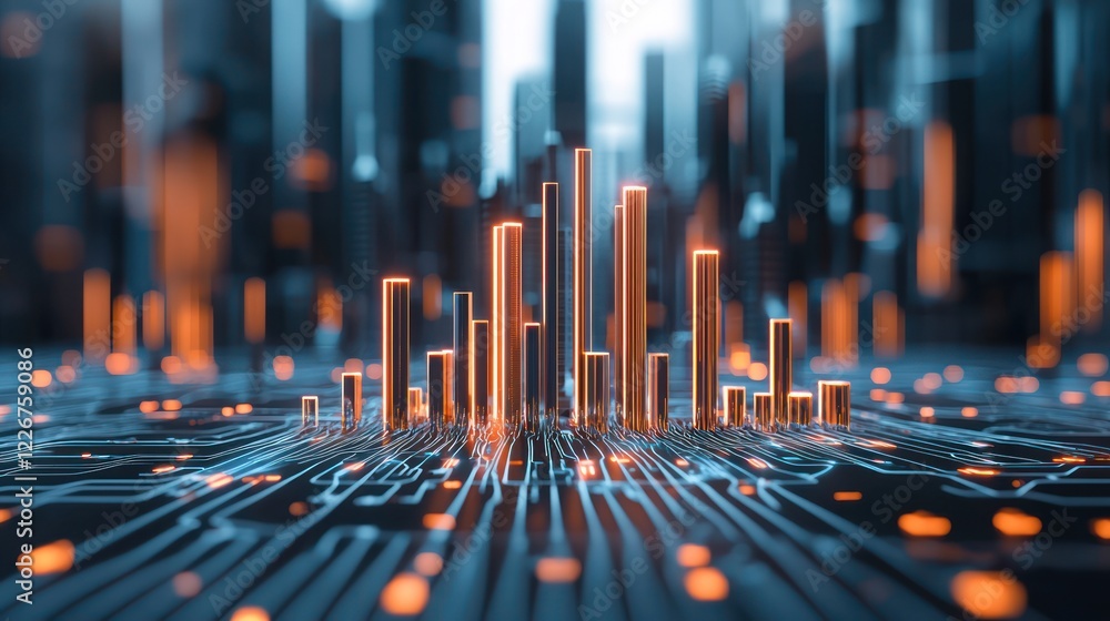 Aufkleber a futuristic digital landscape featuring glowing vertical bars and circuit patterns, symbolizing dat