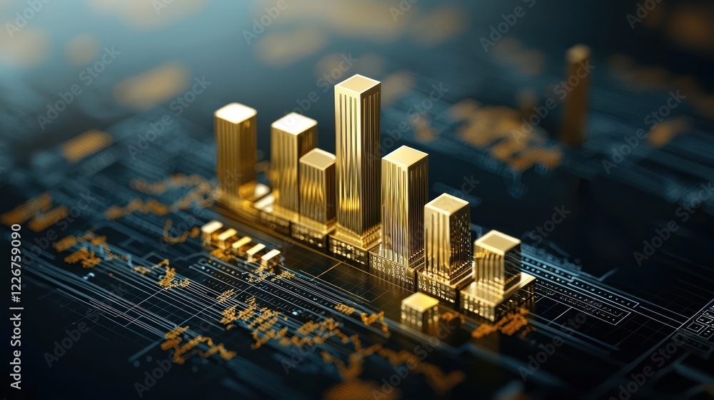 Poster a digital representation of golden skyscrapers on a circuit board, symbolizing the intersection of t