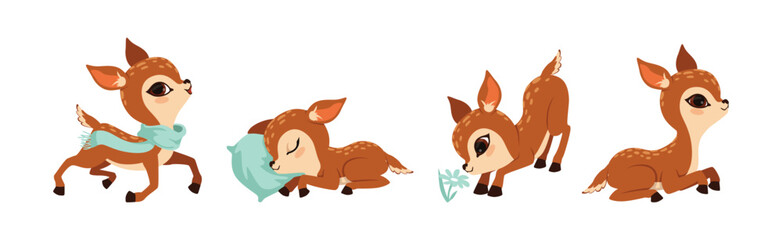 Cute Fawn or Baby Deer with Slender Legs and Pretty Snout Vector Set