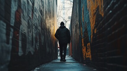A lone figure walks away in a narrow city alleyway with graffiti walls