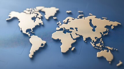 A close-up view of a gold-toned world map on a textured blue background, emphasizing global geography and connectivity.