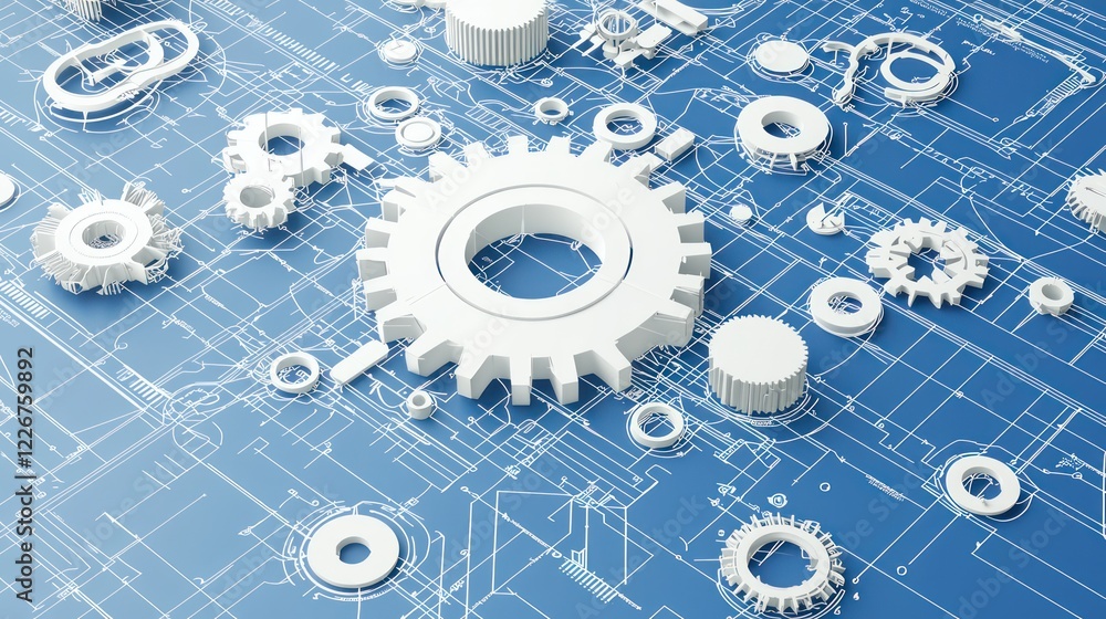 Poster a blueprint background features various white gears and mechanical components, symbolizing engineeri