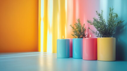 Three vases with various plants arranged for a vibrant product photoshoot in a well-lit environment