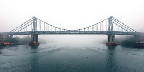 Obraz premium Modern steel bridge spanning over a majestic river with misty foggy atmosphere, foggy conditions, river span