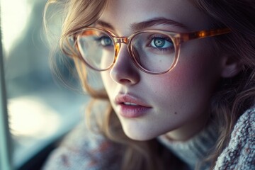 Fototapeta premium A woman wearing glasses looks out a window with a contemplative expression