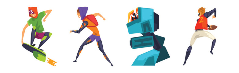 Human Cyborg and Man Character with Futuristic Prosthesis Vector Set