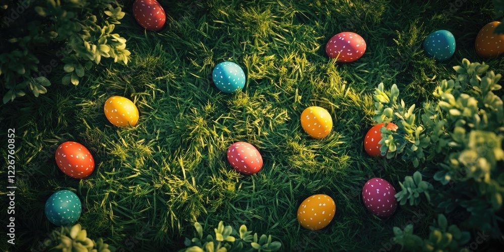 Poster a field of grass with a bunch of eggs scattered around it. the eggs are of different colors and size
