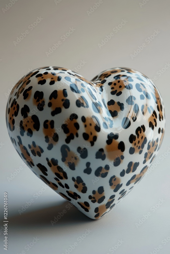 Poster a heart with leopard print is sitting on a white surface. the heart is made of ceramic and has a bro