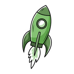 Green rocket with a cartoonish design, illustrated on a white background, concept of space exploration and innovation. Vector illustration