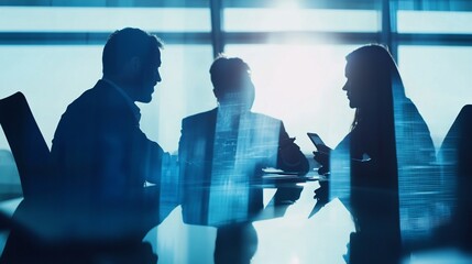 Three business people in silhouette meeting in a modern office with bright sunlight
