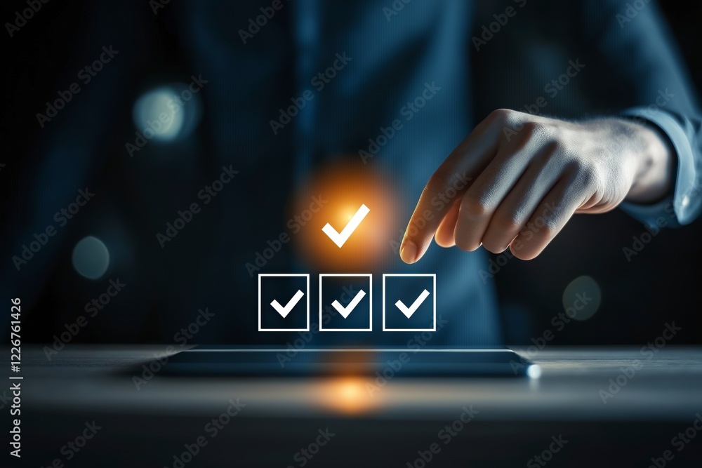 Poster hand selecting check mark from digital interface on tablet screen with blurred background