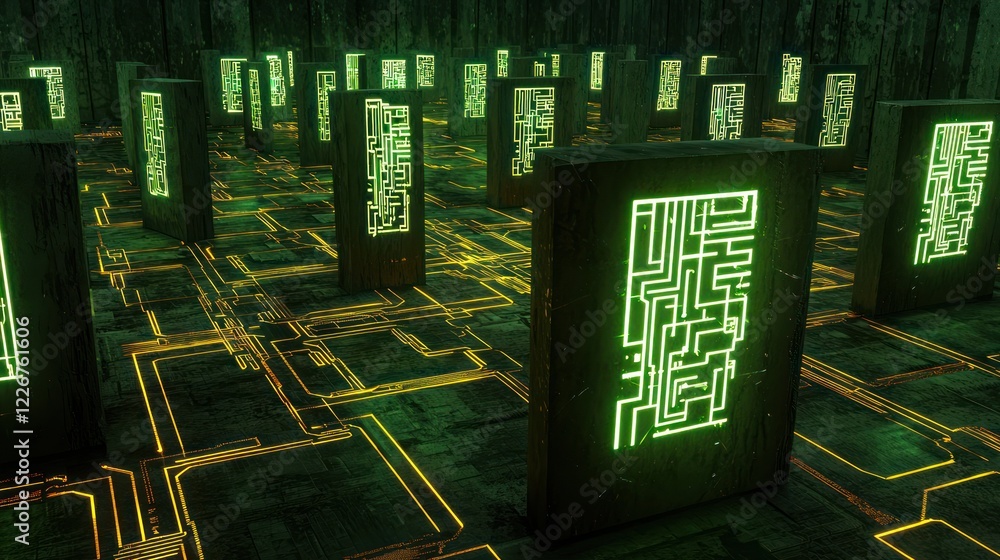Poster a futuristic landscape featuring glowing green circuits and towering structures, creating a digital 