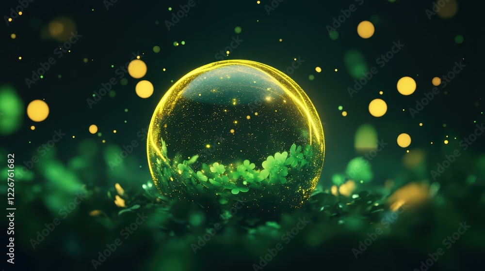 Poster enchanting glowing orb with sparkles and leaves in a lush green setting