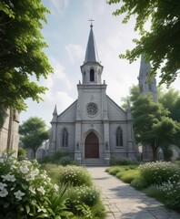 Naklejka premium Muted grey church architecture with lush green foliage and blooming flowers in the foreground, greenery, foliage