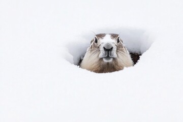 A ground squirrel peeking out from its snowy burrow