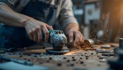 Skilled Craftsman Using Angle Grinder on Wood in Workshop