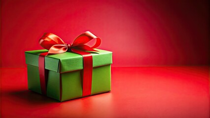 Festive Green Gift Box, Red Ribbon, Red Background, Copy Space