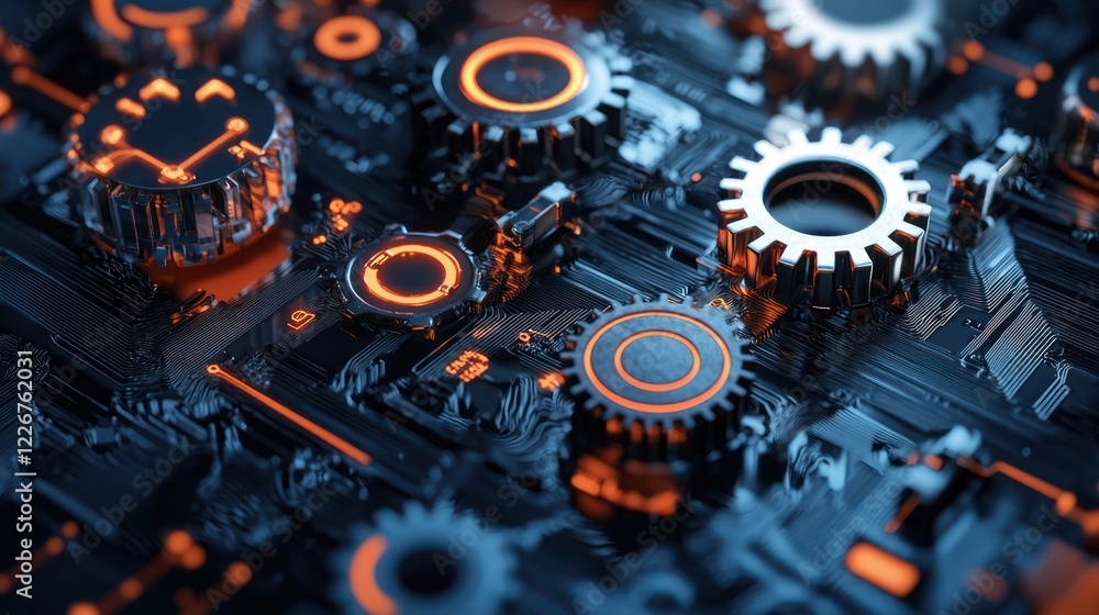 Poster a close-up view of metallic gears and circuit patterns illuminated by orange accents on a dark backg