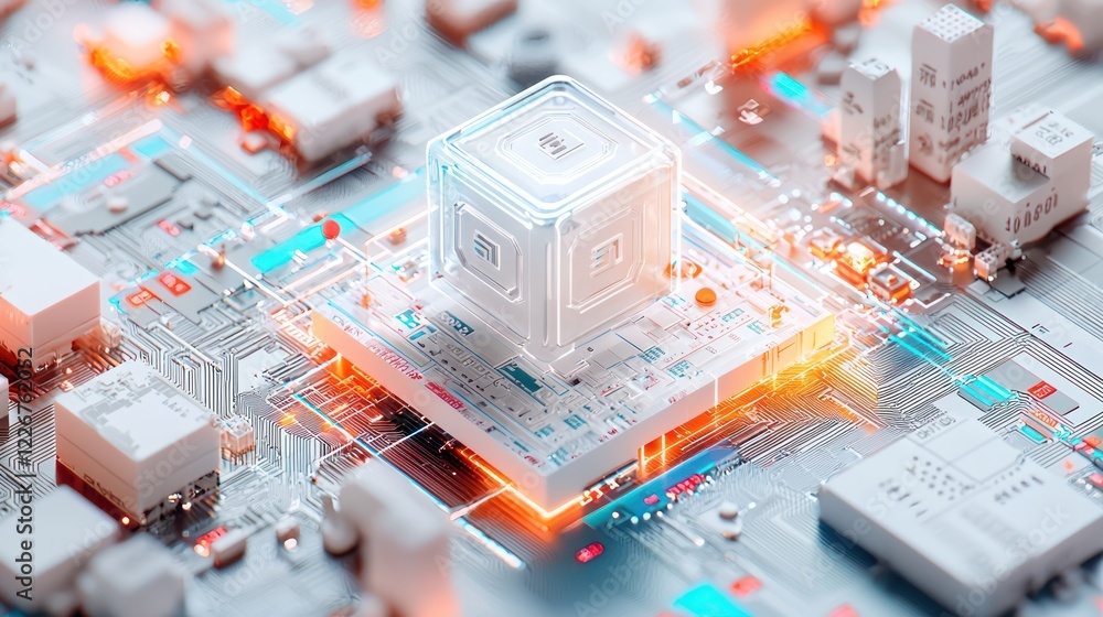 Poster a futuristic microchip glows at the center of a circuit board, surrounded by intricate electronic co